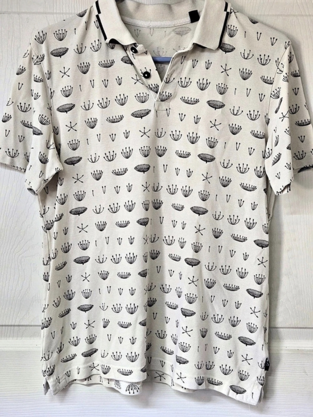 Ted Baker Cotton Geometric Polo in Cream & Black